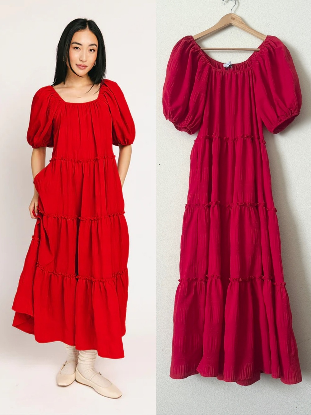 Zoco SMALL Daymaker short puff sleeve tiered maxi dress in cherry red